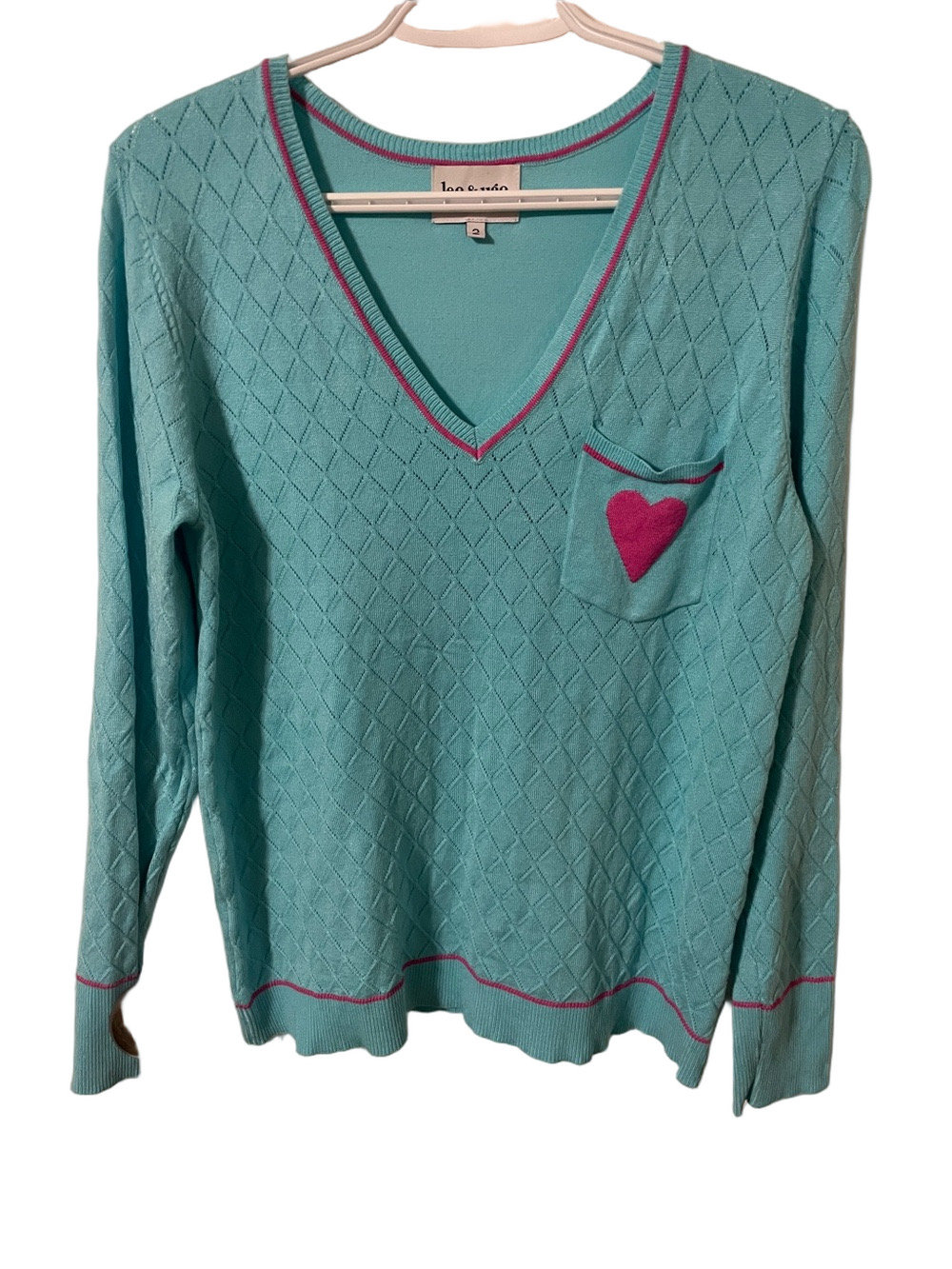 Leo & Ugo Robins Egg Blue and Pink V-Neck Sweater Size 2